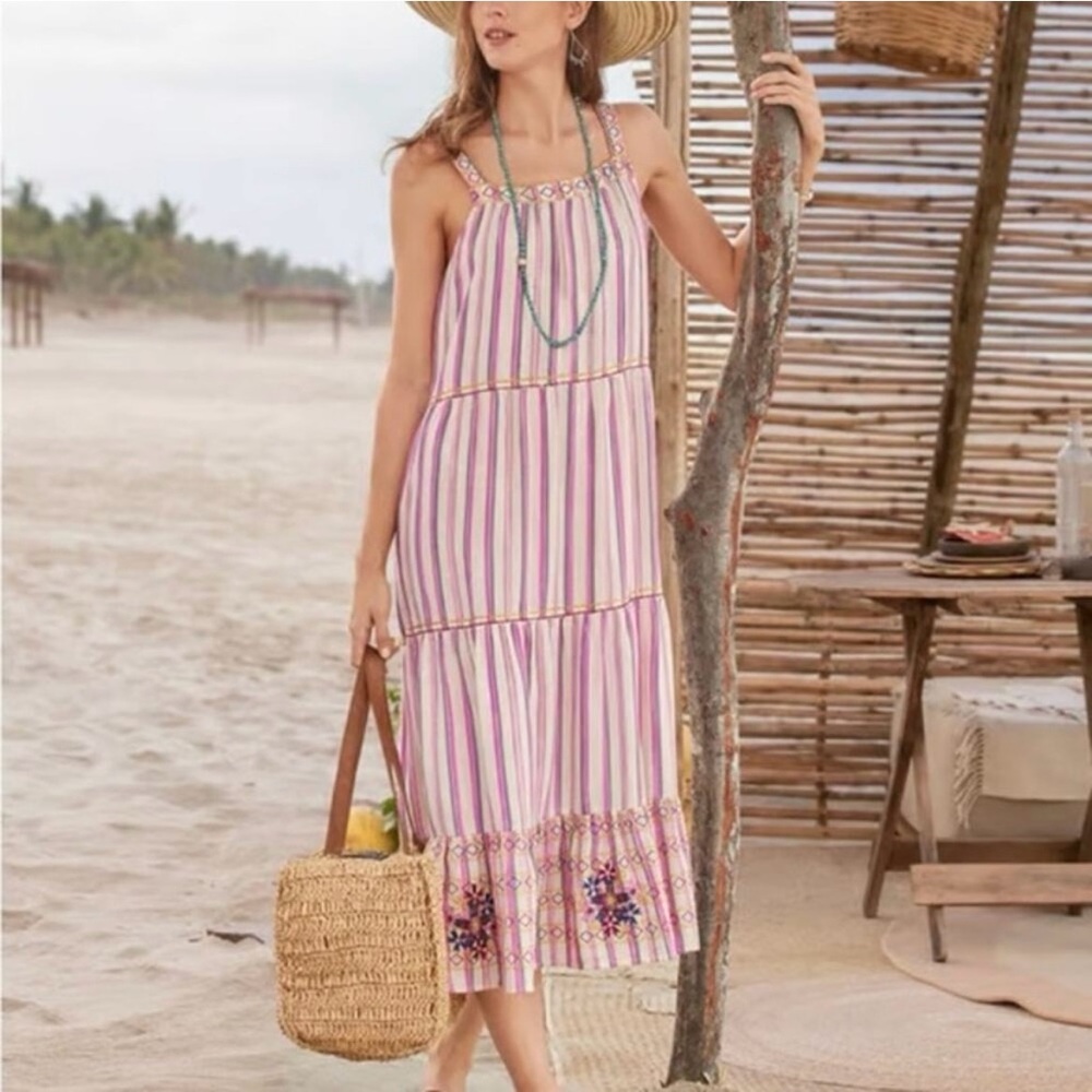 Sundance Veria Striped Tiered Floral Embroidered Midi Dress Sz MP